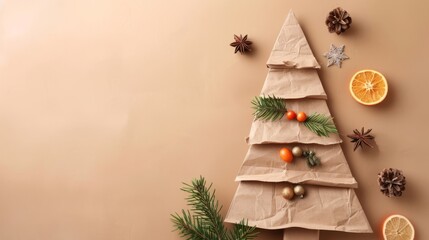 Eco-friendly handmade Christmas tree with rustic natural decorations on beige. Christmas decor and craftwork, eco friendly, sustainable concept.