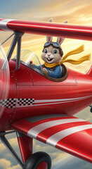 Illustration of a rabbit aviator piloting a red biplane with a yellow scarf, representing adventure, travel, and childhood dream of flight