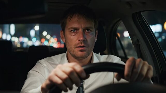 Tired Man Driving Car at Night, Dangerous Driving, Fatigue Concept.