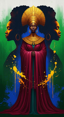 Illustration of an African woman wearing golden headdress and robe, showcasing heritage, culture and regal nature, against colorful background