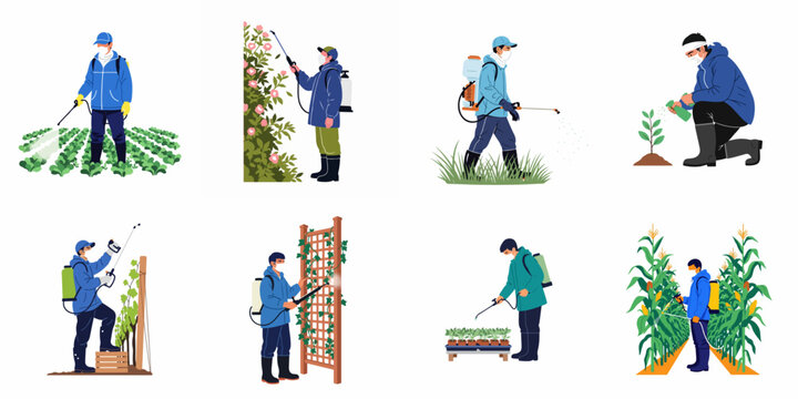 Set of illustrations featuring workers in protective clothing spraying pesticides, herbicides, and fertilizers on various agricultural crops, garden plants, and nursery seedlings.
