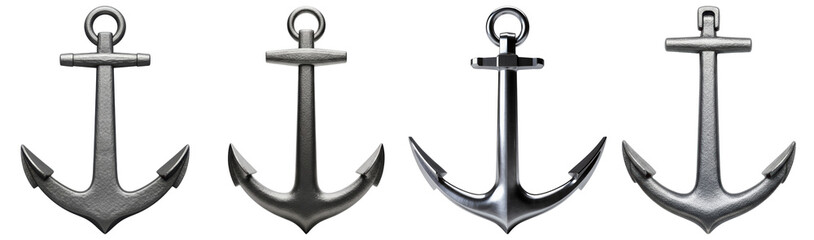 Detailed 3D renders of various metal anchors, showcasing different textures and finishes on a transparent background.