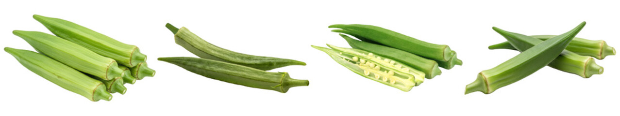 Obraz premium Fresh green okra pods, both whole and halved to show seeds, neatly arranged as a studio photograph.