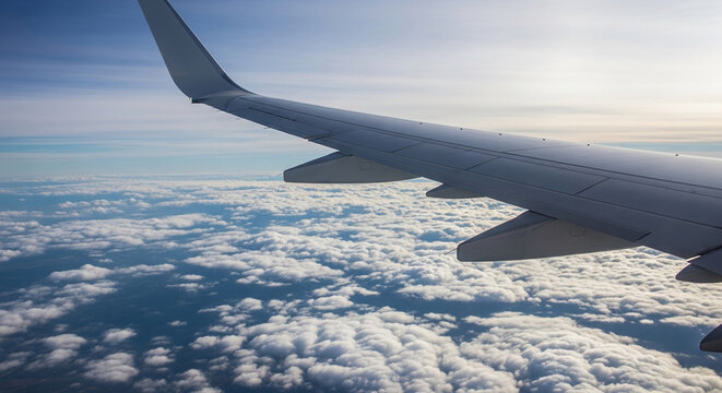 Aerial view shows a plane wing above cumulus cloudscape against a blue sky, conveying travel, flight, and adventure, above the cloud layer