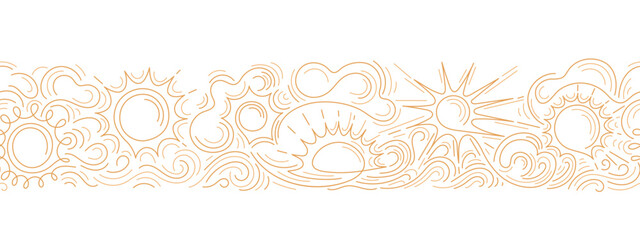 Golden sun seamless border with decorative sea waves, vintage clouds. Good morning repeat strip. Vector line art pattern featuring sky motif and abstract astrology simple print. © Yauheniya_Bandaruk