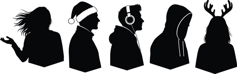 People silhouette collection with Christmas accessories, Santa hat headphones hoodie and reindeer antlers, festive holiday character profiles vector illustration isolated on white © Hello World