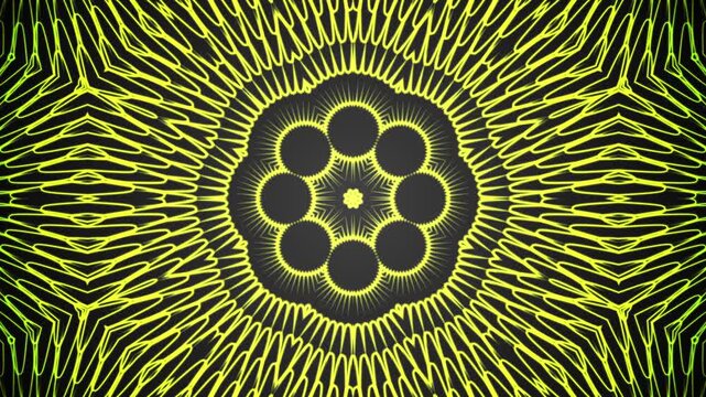 Abstract animated background featuring a complex kaleidoscopic pattern radiating from the center over a dark deep space radial gradient.