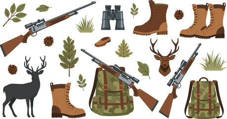 Hunting equipment vector set including rifles binoculars backpack boots deer head forest leaves pine cones and wildlife elements isolated illustration for outdoor adventure and hunting theme © Aminul