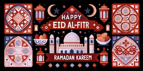 Festive eid al fitr illustration with traditional islamic motifs and calligraphy © Sudebi