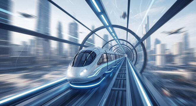 High speed futuristic train traveling through a glass tube track. Modern city transit with skyscrapers and flying vehicles. Innovation and technology concept
