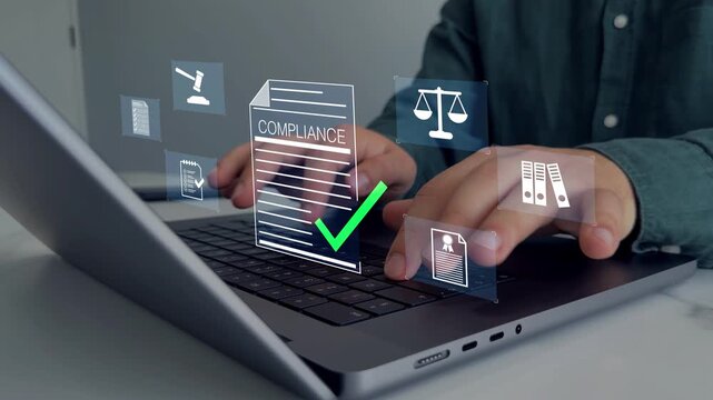 Modern governance, legal standards, policy management ensuring transparency, safety, structured organizational control.Compliance law,corporate rules concept with documents, checkmarks, regulation.	
