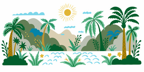 Obraz premium A vibrant tropical landscape with palm trees mountains and a bright sun