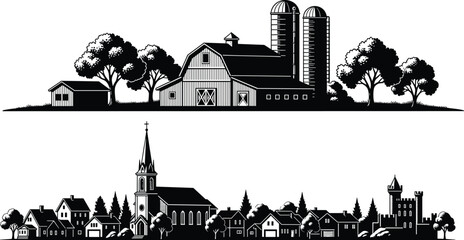 Rural farm and small town skyline silhouettes with barn silos church and houses, countryside landscape set, black vector illustration collection © Hello World