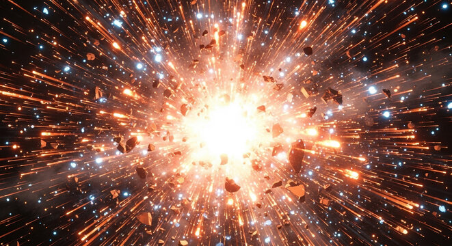Dynamic cosmic explosion with glowing particles and light streaks. Abstract energy burst in outer space