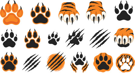 Vector collection of tiger paw prints and sharp claw scratch marks featuring wild animal footprints and feline predator tracks in orange and black. © Rumi