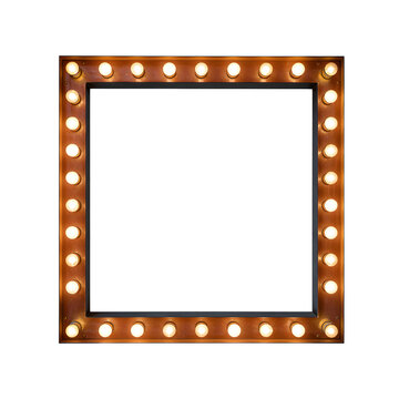 Illuminated square makeup mirror with light bulbs isolated against a white background