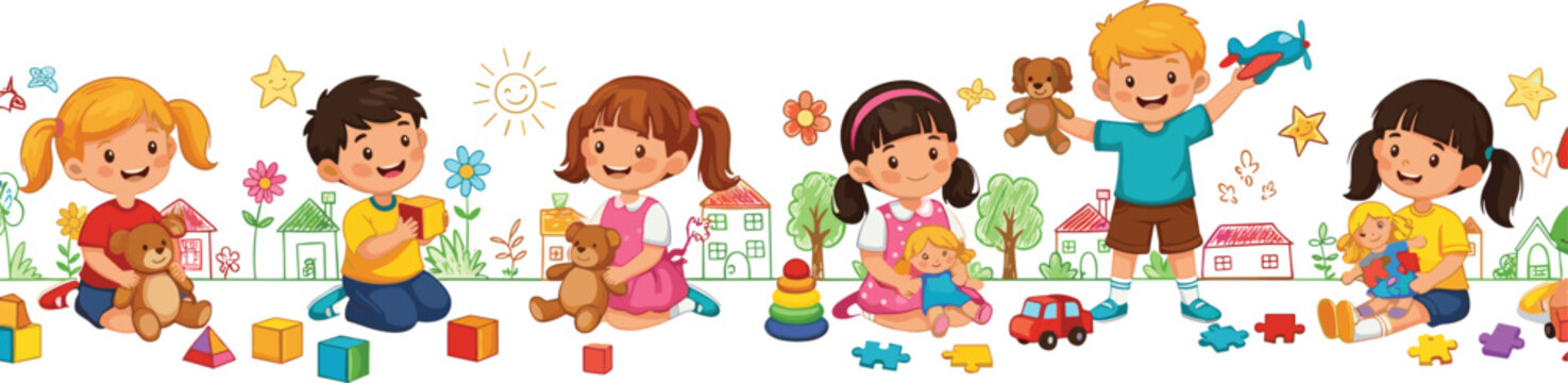 Vector horizontal banner featuring a diverse group of happy children playing with toys including blocks, teddy bears, and puzzles against a whimsical hand-drawn background.
