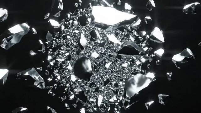 Abstract explosion of shattered glass pieces in a dark environment with bright reflections