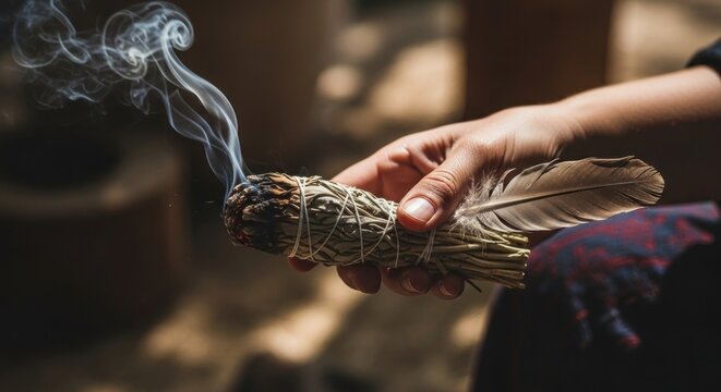 Hand holding burning sage smudge stick with feather, releasing smoke. Focus on ritual