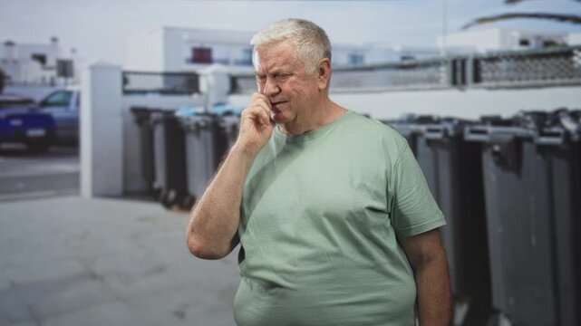 Man pinches nose beside a row of large trash bins on street, holding finger to nostril and squinting at a strong smell source; disgust odor.