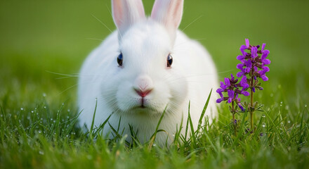 Fototapeta premium Close-up of a white rabbit among green grass and purple flower, creating a natural and delicate scene, symbolizing springtime and new life