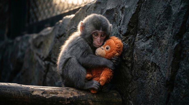 Sad Baby Monkey Holding Surrogate Toy Near Zoo Wall