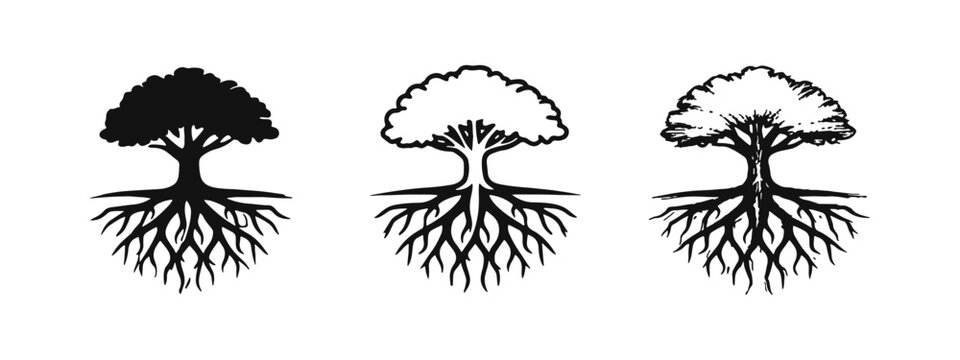 Tree with strong roots icon set. Nature, growth, and foundation symbol. Sustainability and environment flat vector illustration.