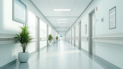 Fototapeta premium Empty Hospital Corridor with Potted Plants and White Walls