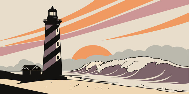 USA, US, U.S, United States - Outer Banks ocean lighthouse sunrise panorama dramatic waves 
