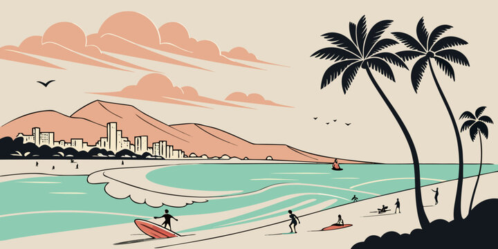 USA, US, U.S, United States - Oahu surf beach sunset skyline panorama tropical tourism poster 
