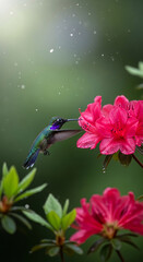 Fototapeta premium Image of a hummingbird feeding from a pink azalea flower, exhibiting nature's synergy and beauty, representing delicacy, vibrancy, and ecological harmony