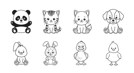 Fototapeta premium Cute cartoon baby animals set. Adorable panda, kitten, puppy, bunny, duckling, and chick vector illustration