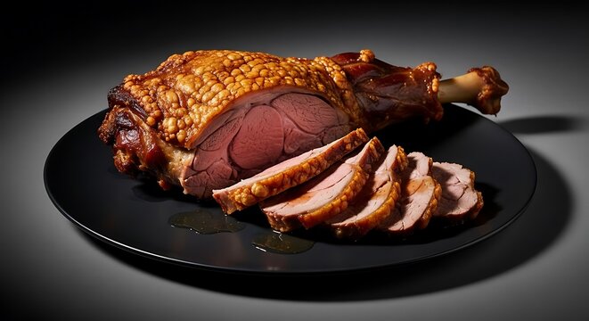 Delicious glazed ham with perfectly sliced portions on a black plate. agneau gigot