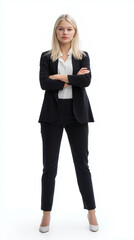 Full body portrait of a confident young businesswoman standing with crossed arms on white background.