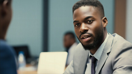 Obraz premium Close up portrait of a professional black businessman listening attentively during a meeting.