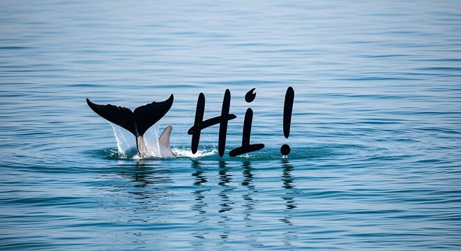 Whale tail greeting in the ocean water with hi text