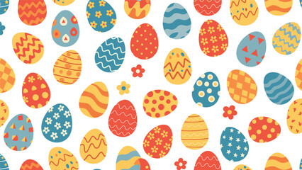 Delightful seamless pattern featuring many colorful decorated Easter eggs with various patterns and small flowers for spring celebrations.