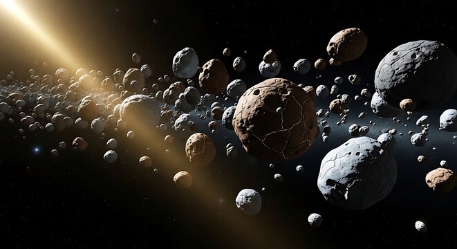 Astronomical depiction of an asteroid field near a distant celestial body. astroid belt 