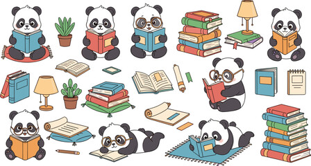 Cute panda cartoon character reading books set with study poses, adorable bear mascot collection for education, library learning, school illustrations isolated on light background © Aminul