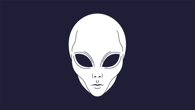 Detailed white illustration of an extraterrestrial alien head with large dark eyes centered on a deep purple background for sci-fi themes.