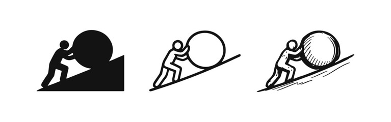 Man Pushing Boulder Up Hill Icon Set. Struggle, Effort, and Perseverance Concept. © drawing lines