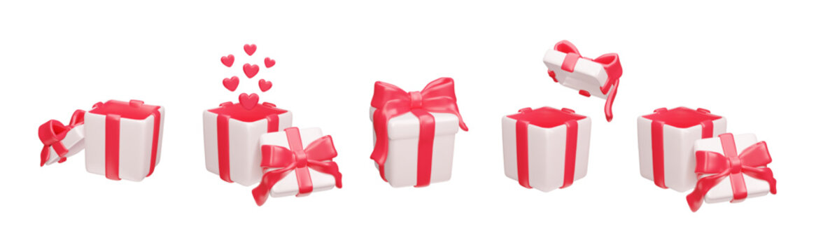 Set of 3D gift box isolated on white background. Surprise present box for birthday party celebration. 3D realistic white gift box with red ribbon bow. Valentine Day open gift box with floating hearts.
