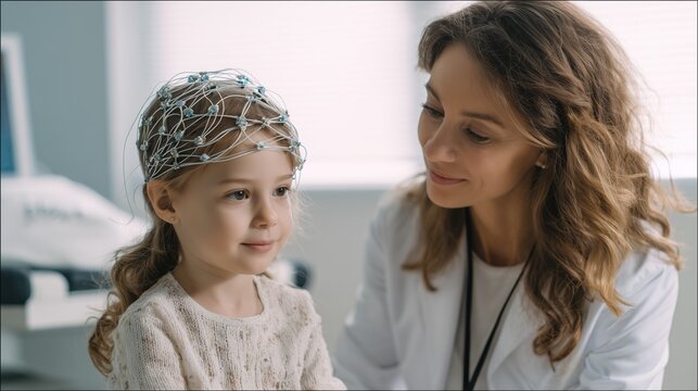 Neurodiagnostic Week: A caring pediatric neurologist conducting an EEG test on a calm young child, mother sitting beside reassuringly, bright child-friendly diagnostic room