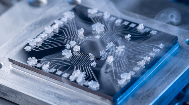 Supercooled Technology Concept Macro Qubit Processor Chip Encrusted with Microscopic Frost Crystals