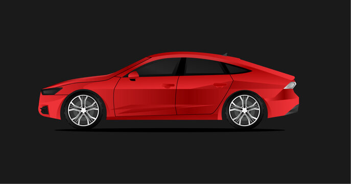 Side view of a modern red sedan car on a dark background