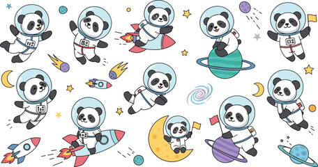 Cute panda astronaut cartoon character set exploring space with rocket, planets and stars, adorable bear mascot collection for kids science, education and galaxy illustrations © Aminul