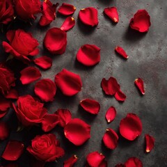 Red roses and petals on dark surface