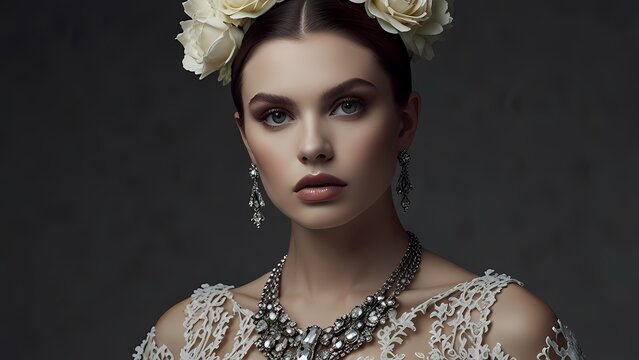 A vintage studio portrait of a glamourous black bride wearing a luxury pearl necklace and elegant dress with artful makeup