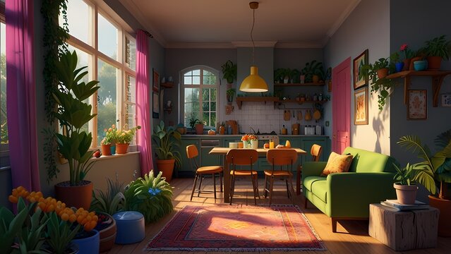 Modern dining room interior features luxury furniture and elegant wood chairs in a stylish restaurant or hotel apartment design