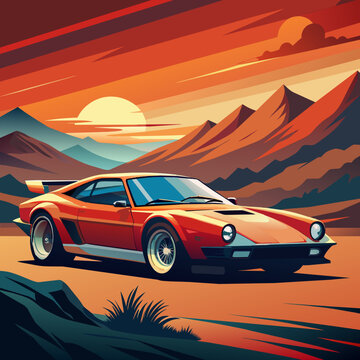 Vintage red sports car parked dramatically against a stylized desert mountain sunset landscape background
